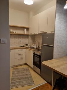 克拉列沃Apartman Centar的厨房配有白色橱柜和不锈钢用具