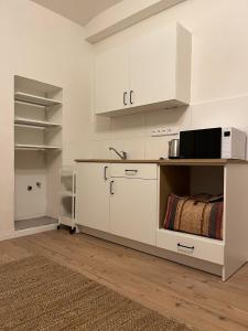 布拉格Cozy apartment close to Palmovka的厨房配有白色橱柜和微波炉