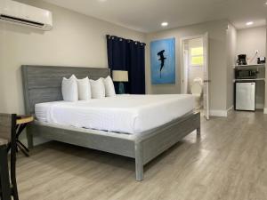 基拉戈Amoray Dive Resort的一间带大床的卧室和一间厨房