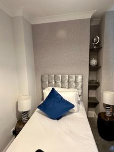 朴次茅斯Southsea 2 bedroom 10 mins from Beach的一间卧室配有一张带蓝色枕头的床