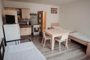 奥尔利采河畔乌斯季Penzion Quattro的小房间设有桌子、床和厨房