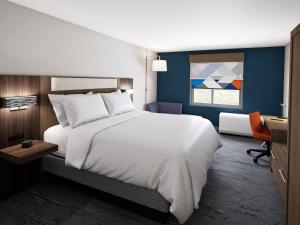 诺科米斯Holiday Inn Express and Suites - Nokomis - Sarasota South的卧室配有一张白色大床和一张书桌