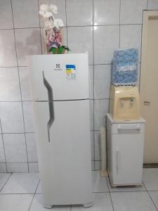 伊瓜苏Apartamento temporário Vila Yolanda的一间有垃圾桶的房间的白色冰箱