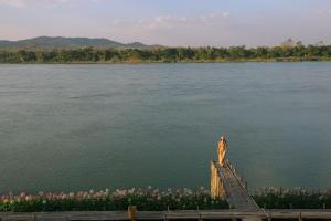 清刊Chiangkhan River Mountain Resort的一只狗的雕像,坐在湖上木桥的顶部