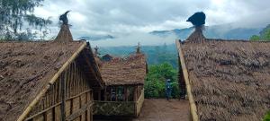 Omo Bugamo Skeleton Tribe Eco Resort的一组有茅草屋顶的建筑,背景是群山