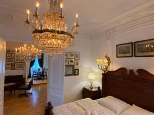 维也纳第七天堂维也纳中心公寓的一间卧室配有一张床和一个吊灯