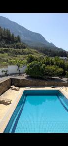 凯里尼亚Ultra deluxe Villa的一个大蓝色游泳池,背景是一座山