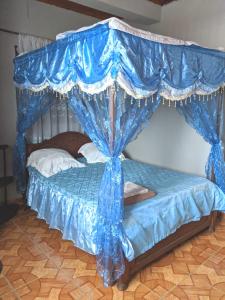 图阿马西纳TAMATAVE Chez Bien Aimée的一张蓝色窗帘覆盖在房间的床