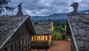 The Asaro Mudmen Tribal Eco Lodge的两顶房子,享有山景