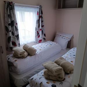 米德尔克尔克Caravan Aan Zee Arnani的一间卧室设有两张单人床和一个窗户。