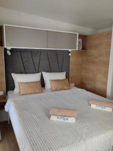 班约勒Mobile Home Katja的一间卧室配有一张大床和两个枕头