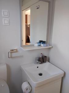 班约勒Mobile Home Katja的白色的浴室设有水槽和镜子