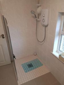 Dromore WestCoastal Cottage的一间铺有瓷砖地板的带淋浴的浴室