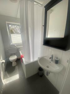 明斯特旅行公寓的白色的浴室设有水槽和卫生间。