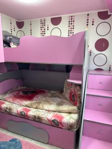 博托沙尼Apartament CASA ALEXIA的女生卧室内的粉红色双层床