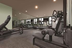 美因河畔法兰克福法兰克福西区阿狄娜公寓酒店的健身房,配有各种跑步机和机器