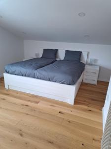 卢布尔雅那GAMSI Apartment的铺有木地板的客房内的一张白色床