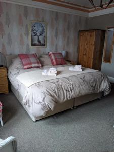 达夫敦Gowanbrae Bed and Breakfast的一间卧室配有一张带红色枕头的大床