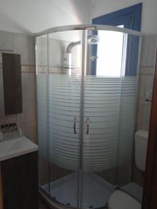 利普西岛Studio Poseidon的浴室里设有玻璃门淋浴