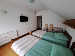 LadimirevciPrivatni smještaj Tolić的一间卧室设有两张床,墙上配有电视。