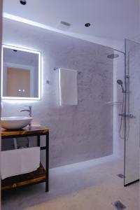 卡萨米尔Hotel Piramida的浴室配有盥洗盆和带镜子的淋浴