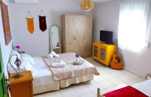 锡蒂亚Agritourism Cottage near Sitia (Henhouse)的一间卧室配有两张床、镜子和吉他
