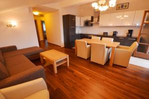 皮森多夫Select Top 10 - by Alpen Apartments的带沙发和桌子的客厅以及厨房。