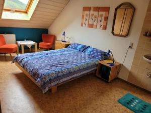 MinheimFewo-Minheim Waltraud und Franz Bayer的一间卧室配有一张床、两把椅子和一个窗户