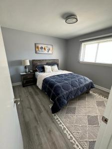 温尼伯Spotless 4 Bedrooms 4 Beds Sleep 8 in Winnipeg的一间卧室配有一张带蓝色毯子的床和窗户。