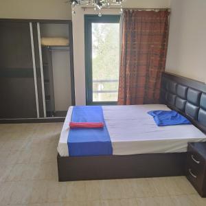 沙姆沙伊赫Juliee House-Criss Resort-Naama Bay的一间卧室配有一张带蓝色床单的床和一扇窗户。