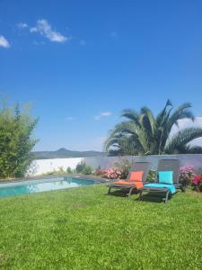 阿利若Alijó Douro House的两把椅子坐在游泳池旁的草地上