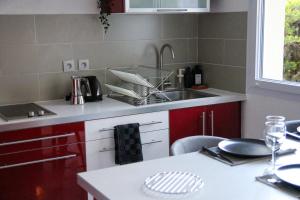 图卢兹Red Lounge的厨房配有红色橱柜、水槽和桌子