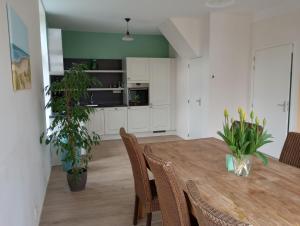 诺德克豪特Het Dijkstuk的厨房以及带木桌和椅子的用餐室。