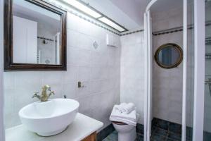 纳乌萨Kolimpithres beach house的一间带水槽、镜子和卫生间的浴室