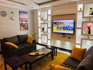 基苏木SR Apartments Milimani, Kisumu的客厅配有沙发和墙上的电视