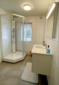 雷讷Apartments Reine Lofoten的带淋浴和盥洗盆的白色浴室