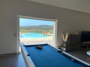 卡尔热斯Casa Lagone - Villa avec Piscine et Superbe Vue的带大窗户的客房内的台球桌