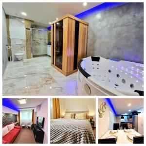 布拉格Wellness Gold apartment with Private SAUNA & JACUZZI的一张相串的酒店客房图片,里面装有浴缸