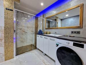 布拉格Wellness Gold apartment with Private SAUNA & JACUZZI的一间带洗衣机和淋浴的浴室