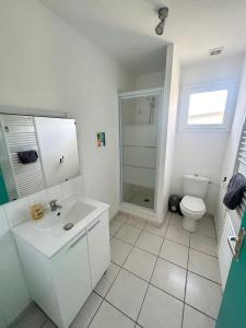 圣梅卢瓦代翁德Le pont T3 étoilé avec jacuzzi的白色的浴室设有卫生间和水槽。
