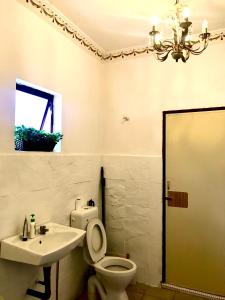 怡保Eco Resort Beverly Hills的一间带卫生间、水槽和吊灯的浴室