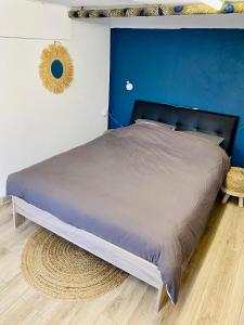 里摩日Jolie chambre indépendante的一间卧室设有一张蓝色墙壁的大床