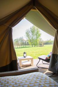 吕洛Safaritent Lodge 2 (2 persoons)的田野里带一张床和一张桌子的帐篷