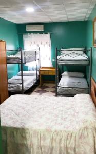 TorremegíaAlbergue Rojo Plata的带两张双层床的绿色墙壁客房