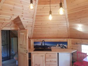 Saint-Martin-dʼArcKota SHANTYHOME的小木屋内的厨房,配有水槽和灯