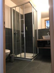 SchwandenBerghotel Mettmen的带淋浴、水槽和卫生间的浴室
