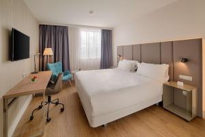 布拉尼亚克NH Toulouse Airport的酒店客房设有一张大床和一张书桌。