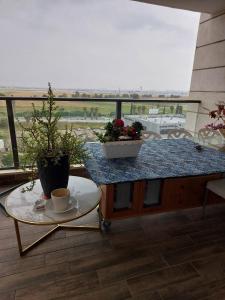 YehudDudger home的阳台上的桌子上放着咖啡和植物