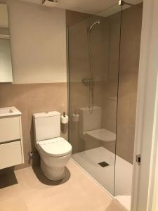 潘普洛纳Micampus Pamplona的一间带卫生间和玻璃淋浴间的浴室