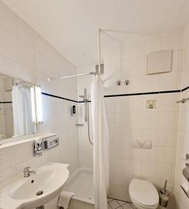 美因河畔法兰克福Trip Inn Hotel Minerva Frankfurt的白色的浴室设有水槽和卫生间。